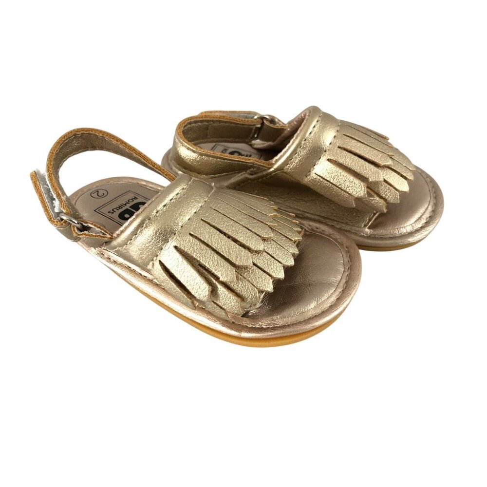 Romirus Baby Girls Sandals Fringe Faux Leather Hook & Loop Gold Size 2